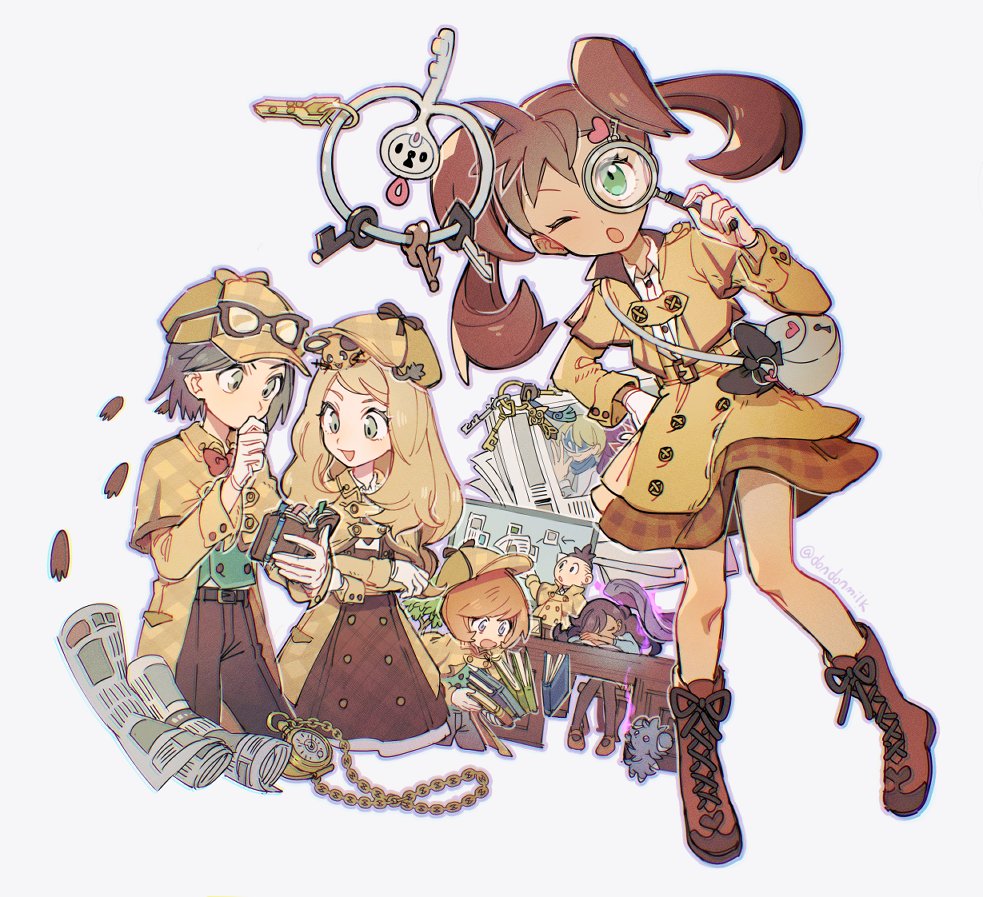 3boys 3girls :d ;o bag belt blonde_hair book boots brown_footwear brown_hair brown_pants brown_skirt buttons calem_(pokemon) coat collared_shirt commentary_request dedenne desk detective dexio_(pokemon) emma_(pokemon) espurr eyelashes gloves green_eyes green_vest grey_bag hat holding holding_magnifying_glass holding_notebook huan_li key_hair_ornament klefki knees long_hair long_sleeves looking_down magnifying_glass multiple_boys multiple_girls newspaper notebook on_head one_eye_closed open_mouth pants pocket_watch pokemon pokemon_(creature) pokemon_(game) pokemon_masters_ex pokemon_on_head pokemon_xy serena_(pokemon) shauna_(pokemon) shauna_(special_costume)_(pokemon) shirt shoulder_bag skirt smile tierno_(pokemon) trevor_(pokemon) twintails vest watch white_shirt