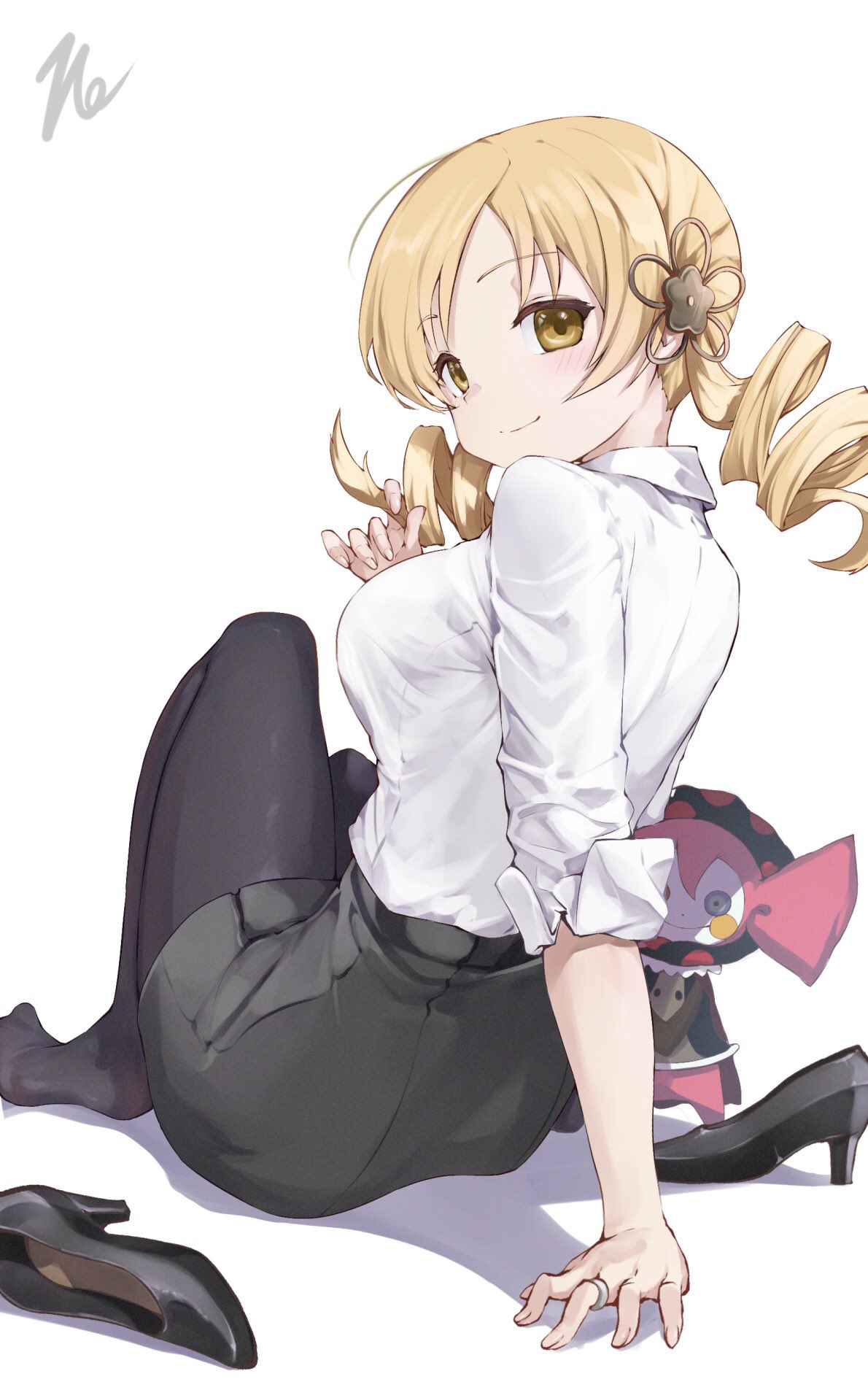 1girl 1other black_thighhighs blonde_hair blush breasts charlotte_(madoka_magica) drill_hair hair_ornament hand_in_own_hair high_heels highres jewelry large_breasts long_hair long_sleeves looking_at_viewer looking_back magical_girl mahou_shoujo_madoka_magica pencil_skirt ring shirt shoes signature simple_background skirt sleeves_rolled_up smile taka.yana thighhighs tomoe_mami twin_drills twintails unworn_shoes white_background white_shirt yellow_eyes