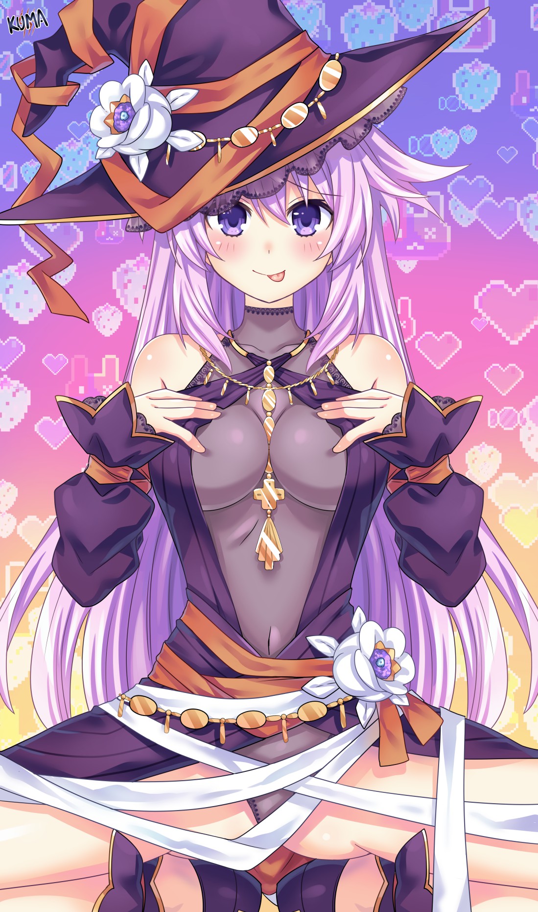 1girl :p adult_neptune alternate_costume ass bare_legs bare_shoulders blush breasts closed_mouth covered_navel detached_sleeves dress flower hair_between_eyes hands_on_own_chest happy_halloween hat hat_flower heart heart_background highres lewdkuma long_hair medium_breasts neptune_(series) panties purple_dress purple_eyes purple_hair purple_panties see-through smile solo spread_legs squatting tongue tongue_out underwear very_long_hair witch_hat