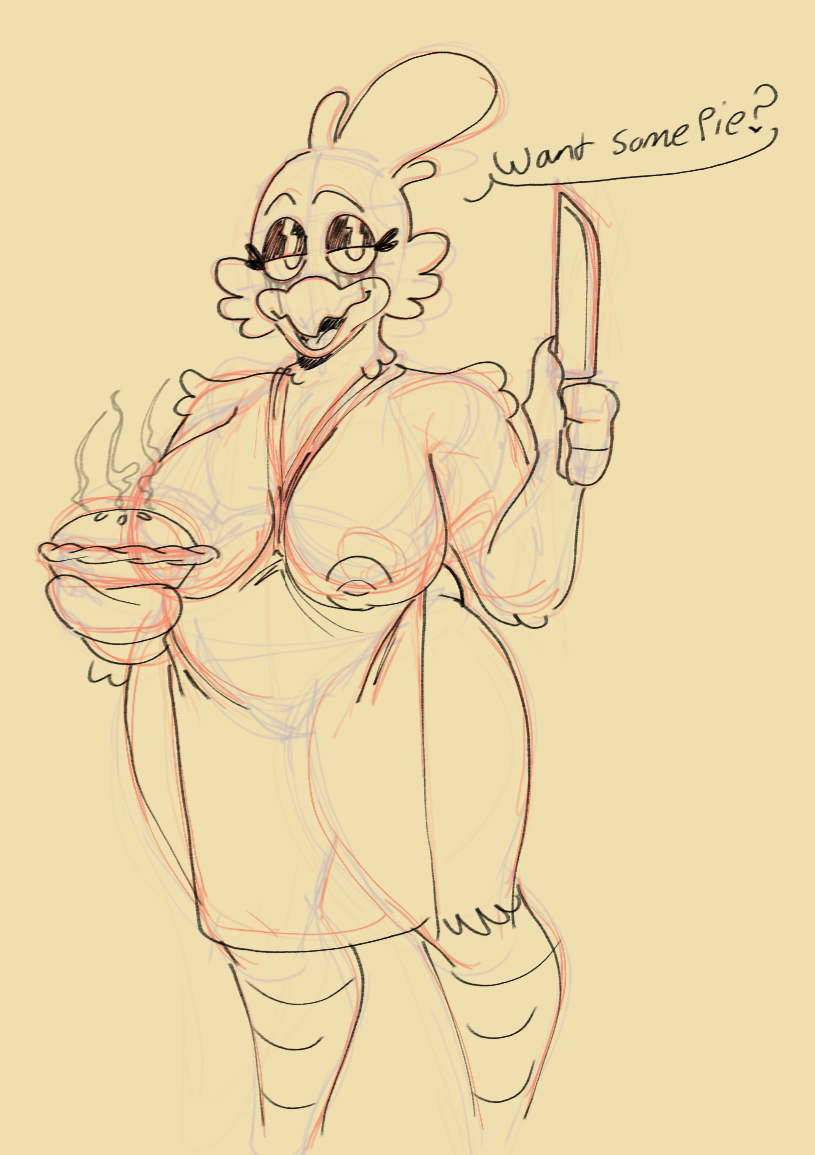 anonymous_artist anthro apron apron_only avian big_breasts bird breasts cheeky_(roommates) chica_(fnaf) chicken clothing dessert dialogue exposed_breasts female five_nights_at_freddy's food galliform gallus_(genus) guide_lines handwear knife makeup oven_mitts phasianid pie roommates:motha running_makeup scottgames sketch slightly_chubby solo wide_hips