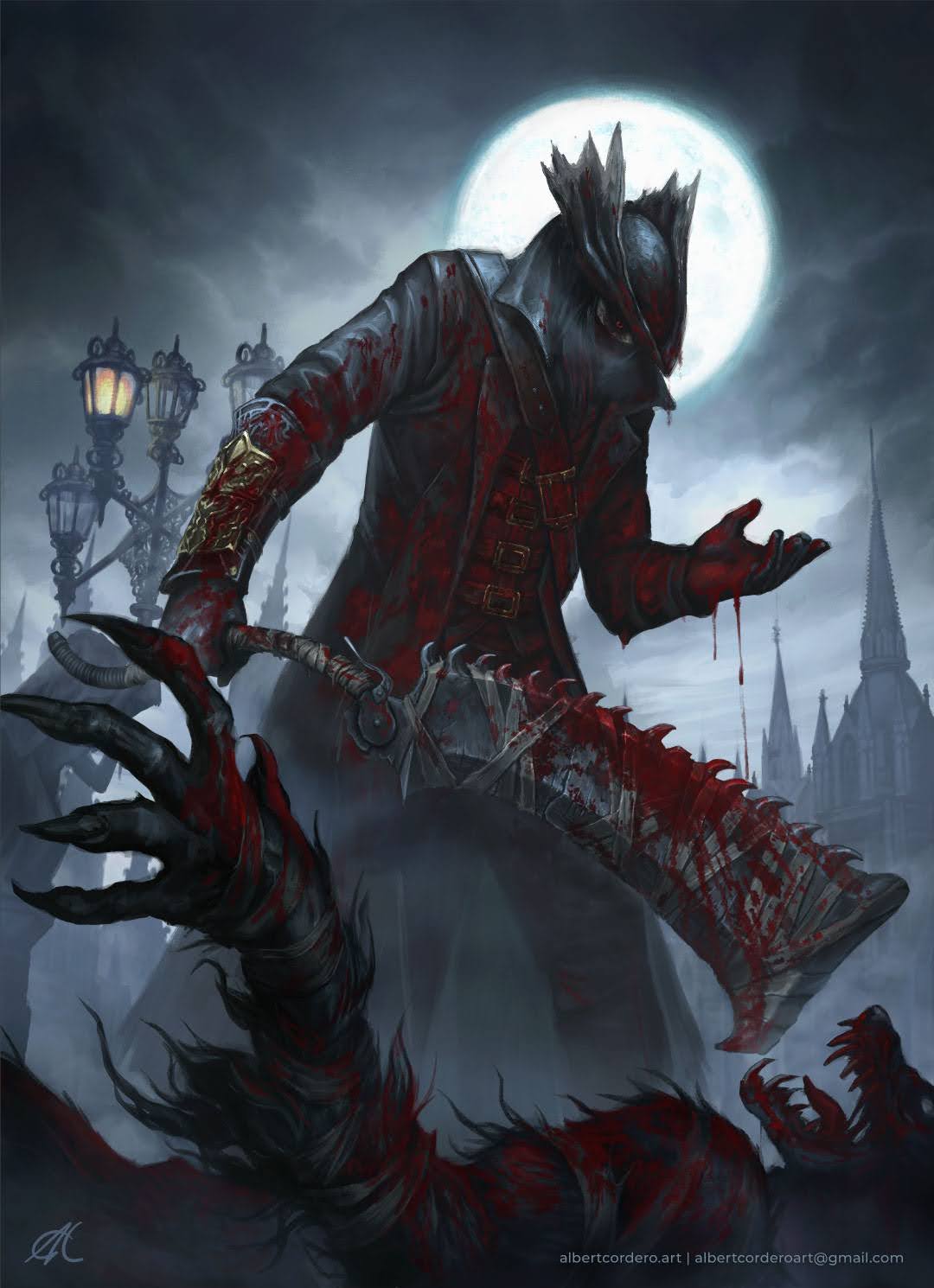 1boy albert_cordero artist_name blood blood_on_arm blood_on_chest blood_on_clothes blood_on_hands blood_on_leg blood_on_weapon blood_splatter bloodborne coat corpse full_moon gloves gmail hat highres holding holding_weapon hunter_(bloodborne) lantern mask moon mouth_mask night night_sky saw_cleaver sky solo standing tricorne weapon web_address