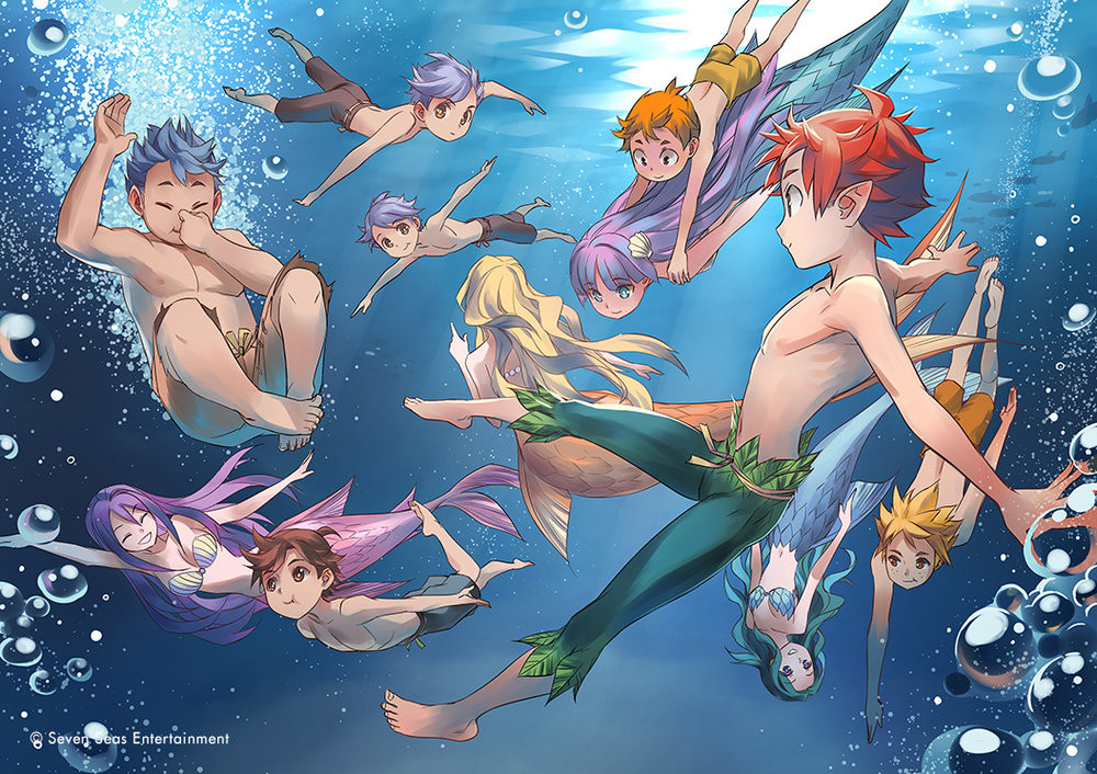 4girls 6+boys ahoge air_bubble aqua_hair barefoot blonde_hair brown_eyes bubble closed_eyes fins kriss_sison long_hair male_child male_swimwear mermaid monster_girl multiple_boys multiple_girls peter_pan peter_pan_(character) pointy_ears purple_hair scales shell shell_bikini smile swim_trunks swimming tail topless_male underwater