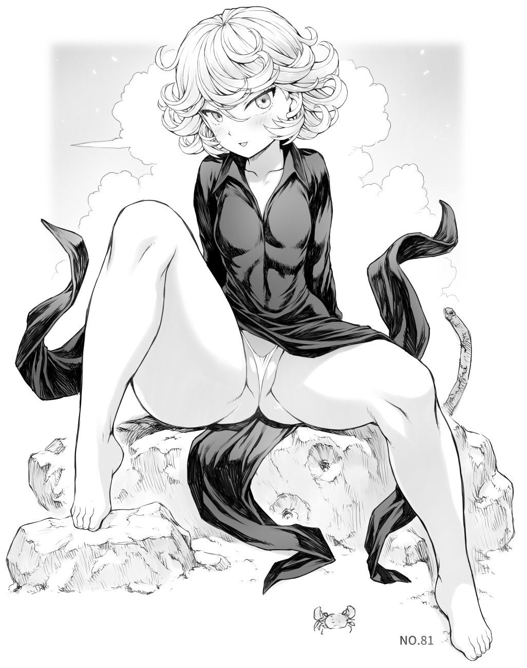 1girl 2023 ass ass_visible_through_thighs barefoot black_dress blush breasts cloud cloudy_sky crab curly_hair dress feet highres leg_lift leg_up looking_at_viewer micro_panties mogudan monochrome one-punch_man panties partially_visible_vulva pelvic_curtain rock short_hair sitting sky small_breasts solo spread_legs tatsumaki thick_thighs thighs thong underwear white_panties wide_hips