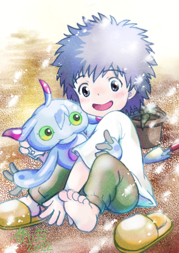 1boy :d barefoot child dated digimon digimon_(creature) digimon_adventure_02 digimon_adventure_02:_the_beginning green_eyes male_focus ohwada_lui outdoors pants plant potted_plant purple_hair shirt slippers smile trowel tsukaima_(vfcou) ukkomon unworn_footwear white_shirt