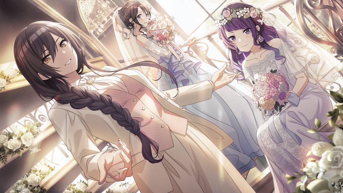 3girls backlighting blue_eyes blunt_bangs blurry blurry_foreground blush bouquet bow braid breasts bridal_veil brown_hair collarbone diagonal_bangs dress dutch_angle earrings feet_out_of_frame flower game_cg gloves grin hair_between_eyes head_wreath holding holding_bouquet idolmaster idolmaster_shiny_colors indoors jewelry lace lace-trimmed_dress lace_gloves lace_trim large_breasts long_dress long_hair looking_at_viewer mitsumine_yuika multiple_girls off-shoulder_dress off_shoulder official_art outstretched_hand parted_lips pink_vest purple_eyes purple_hair reaching reaching_towards_viewer rose shirase_sakuya side_braid single_sidelock sitting small_breasts smile stairs suit tanaka_mamimi tiara updo veil very_long_hair vest waist_bow wedding_dress white_dress white_flower white_gloves white_rose white_suit window yellow_eyes