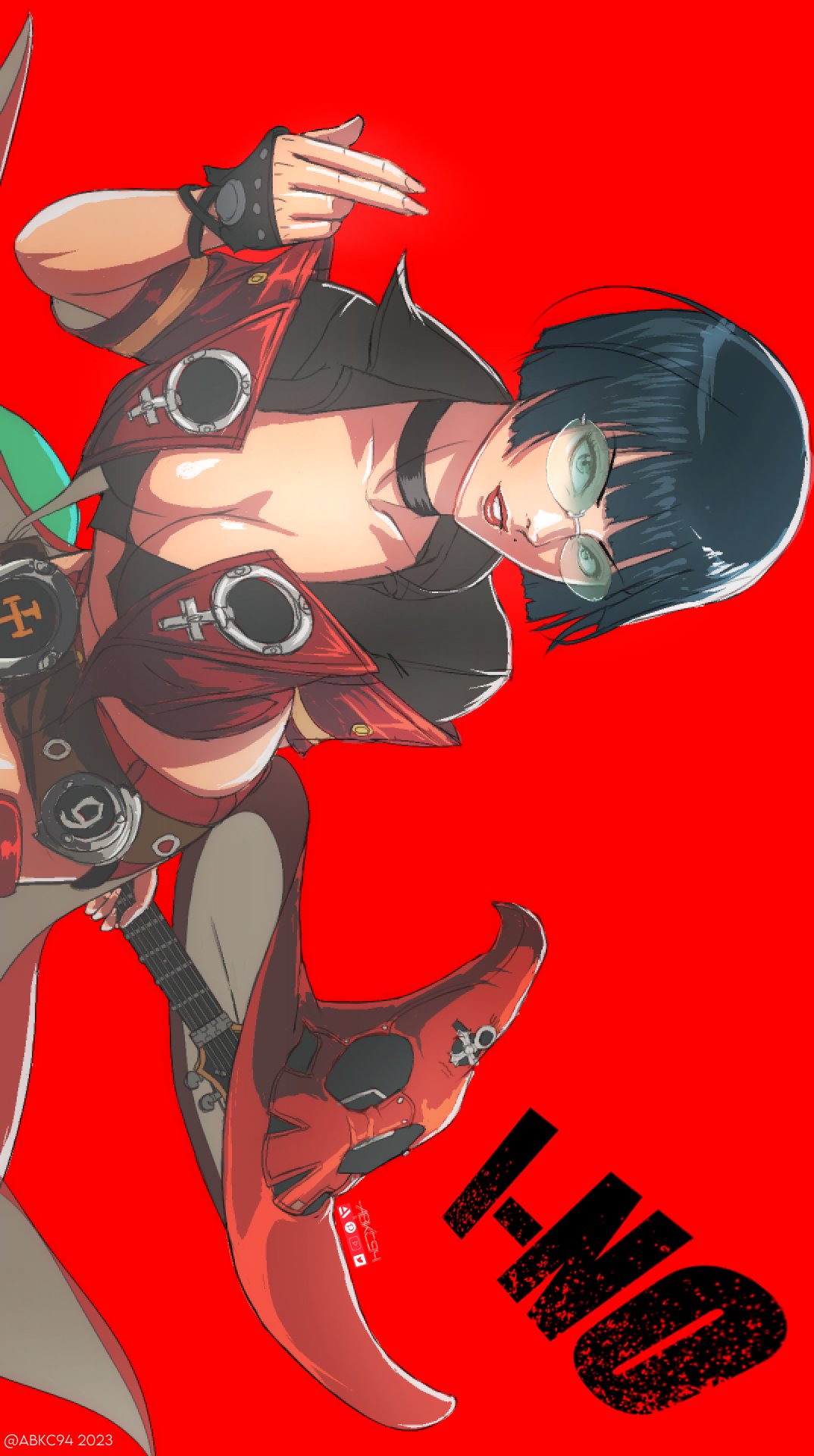 1girl abkc94 black_choker black_hair breasts choker cleavage electric_guitar fingerless_gloves gloves green-tinted_eyewear guilty_gear guilty_gear_strive guitar hat highres i-no instrument large_breasts looking_at_viewer mole mole_above_mouth no_headwear parted_lips red_background red_headwear red_leather red_lips red_theme short_hair smile sunglasses tinted_eyewear venus_symbol witch_hat