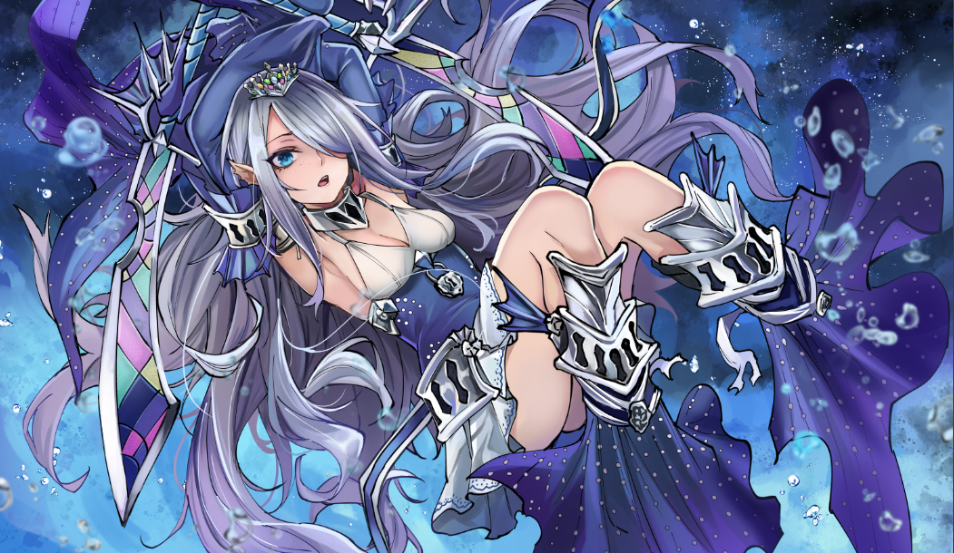1girl arms_behind_head arms_up blue_eyes bubble crossed_arms detached_sleeves dual_wielding duel_monster full_body grey_hair head_fins holding holding_sword holding_weapon jeffrey10 mermaid monster_girl open_mouth skirt sky sleeves_past_wrists solo star_(sky) starry_sky sword tearlaments_havnis teeth tiara upper_teeth_only weapon white_skirt yu-gi-oh!