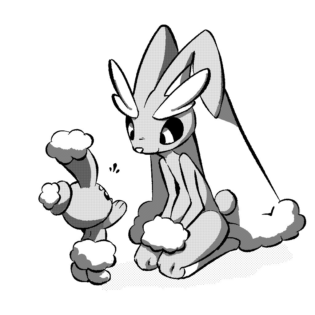 1:1 3_fingers advos ambiguous_gender anthro buneary digital_media_(artwork) duo feet fingers fur generation_4_pokemon looking_down looking_up lopunny mammal monochrome nintendo pokemon pokemon_(species) reaching reaching_up rear_view simple_background sitting size_difference smile standing tail white_background