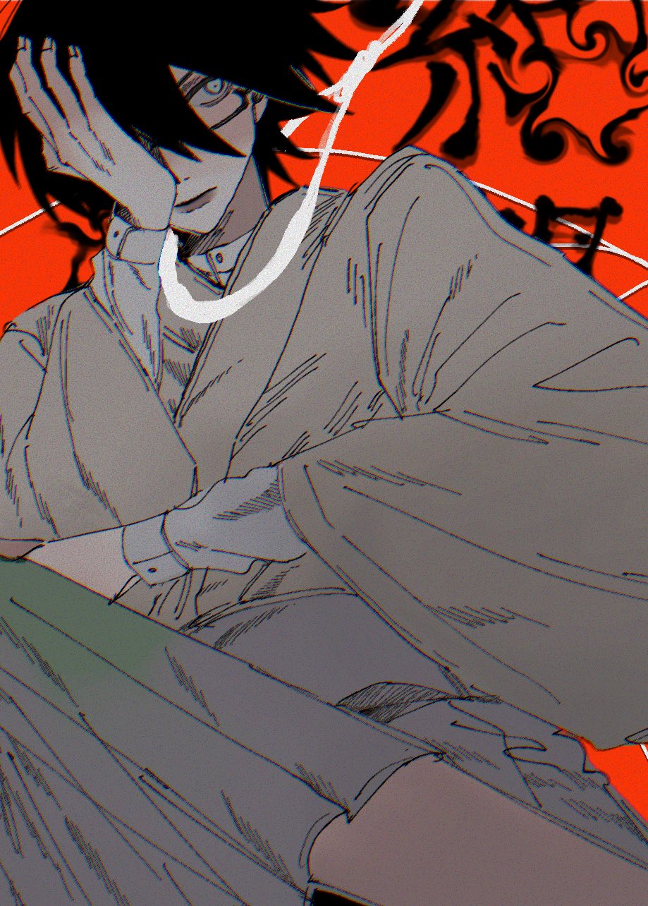 0911hy 1boy black_hair closed_mouth commentary_request dutch_angle from_below glasses grey_eyes grey_kimono hair_over_one_eye hand_on_own_face highres itoshiki_nozomu japanese_clothes kimono long_sleeves male_focus noose red_background rope_around_neck sayonara_zetsubou_sensei short_hair simple_background solo white_background