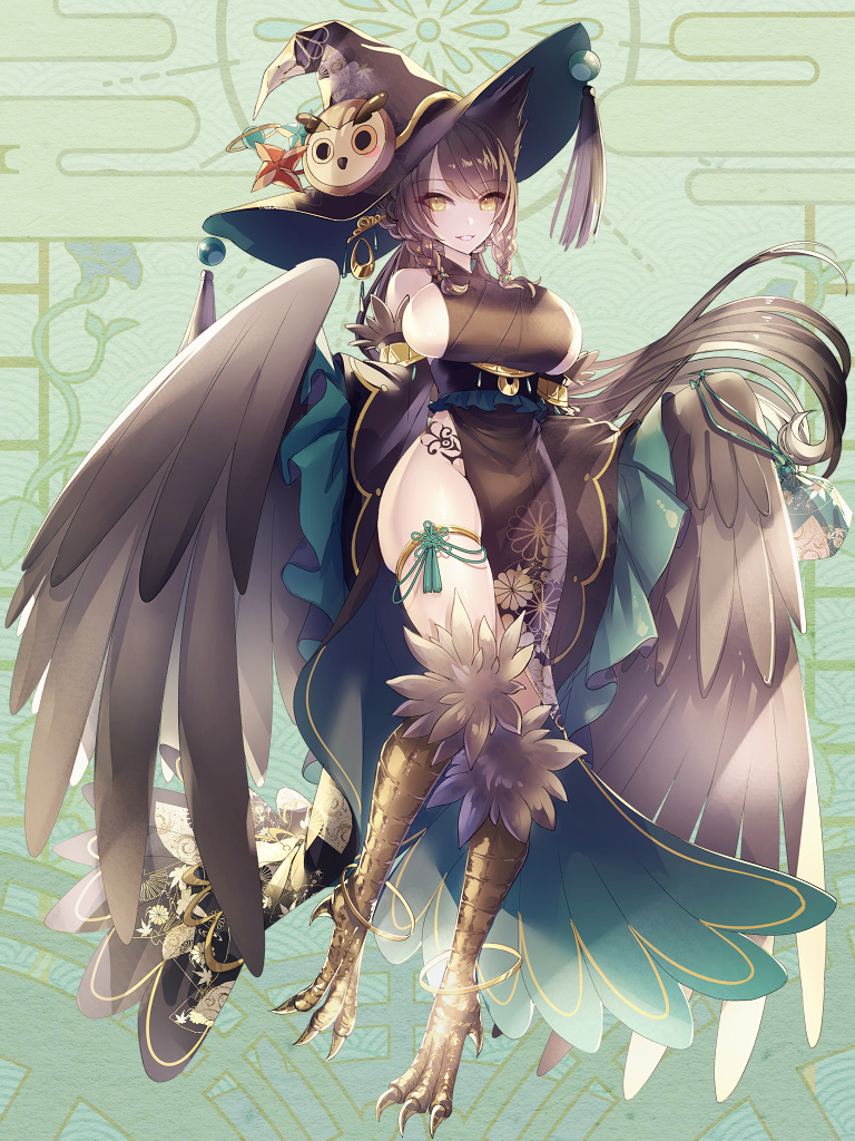 1girl aura_venefika banned_artist bird_legs braid breasts brown_dress brown_wings dairoku_ryouhei dress feathered_wings full_body green_background harpy hat hat_ornament kyara36 large_breasts long_hair monster_girl sideboob skindentation talons tassel tattoo thigh_strap twin_braids very_long_hair winged_arms wings witch_hat yellow_eyes