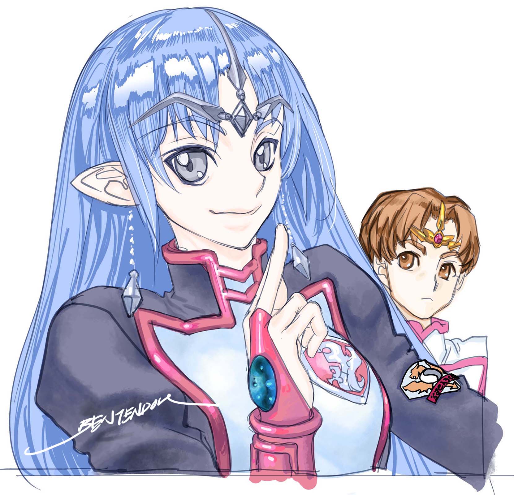 1boy 1girl artist_name black_bodysuit blue_hair blue_jacket bodysuit brown_eyes brown_hair earrings grey_eyes hair_behind_ear headband highres jacket jewelry jinto lafiel leaning_to_the_side looking_at_viewer parted_bangs pilot_suit pointing pointing_up pointy_ears portrait seikai_no_senki simple_background smile white_background yonemura_kouichirou