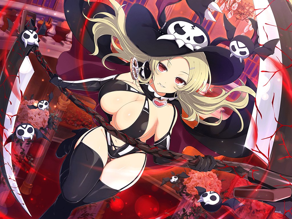 1girl banister bat_(animal) bat_wings black_cape blonde_hair blush breasts cape chandelier cleavage column elbow_gloves energy flower gloves groin hair_ornament hairclip hat high_heels holding holding_scythe holding_weapon huge_weapon indoors large_breasts leaf long_hair looking_at_viewer mole mole_under_mouth navel official_art parted_lips peace_symbol pillar polearm red_cape red_eyes revealing_clothes rose scythe senran_kagura senran_kagura_new_link senran_kagura_shinovi_versus shiki_(senran_kagura) skull skull_on_head smile solo thigh_strap thighhighs two-tone_cape weapon white_flower white_rose window wings yaegashi_nan