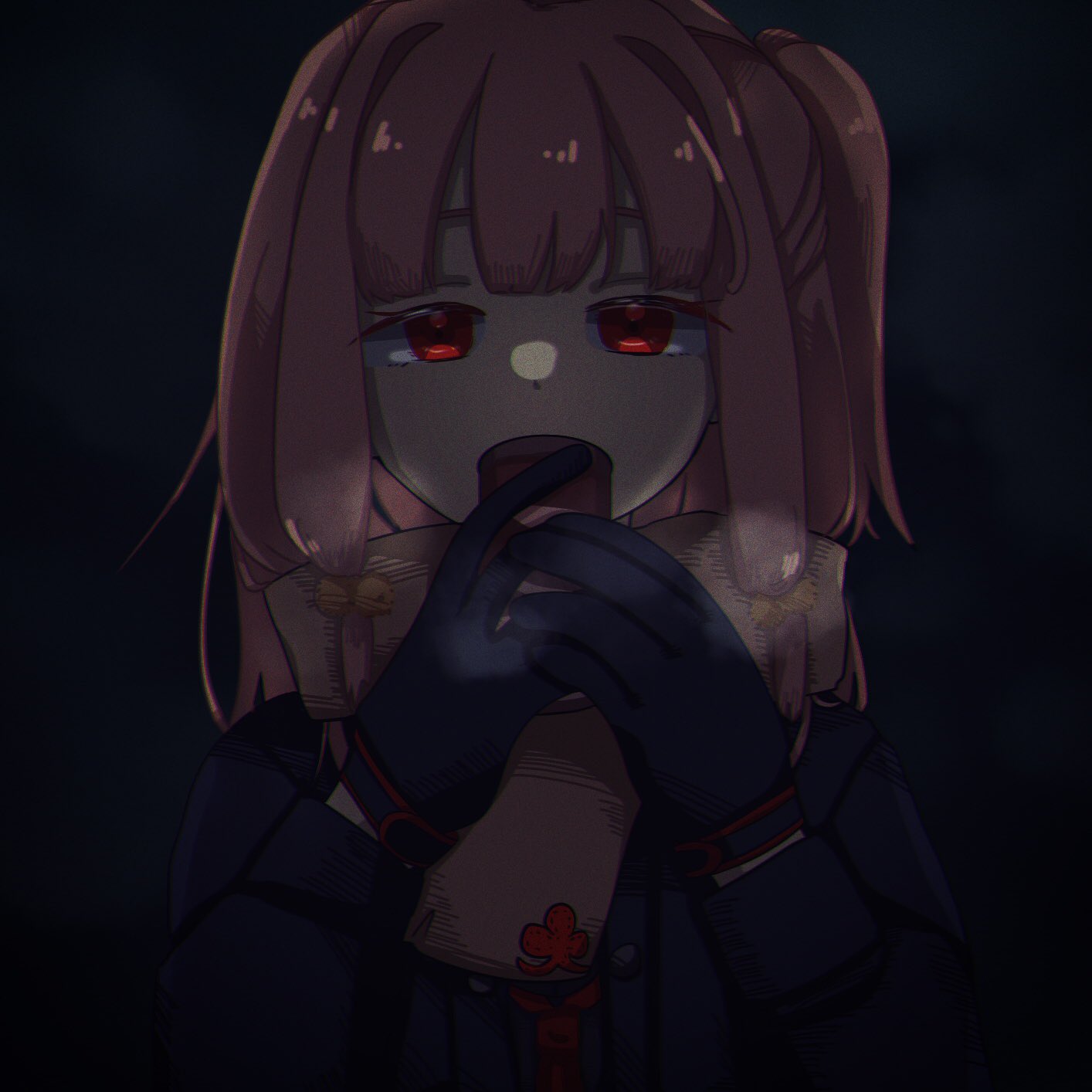 1girl bell black_background black_coat black_gloves black_shirt blunt_bangs breath can canned_coffee coat cold covered_mouth dark film_grain gloves hair_bell hair_intakes hair_ornament half-closed_eyes hands_up highres holding holding_can jingle_bell kotonoha_akane kure_(mainititanosii6) long_hair looking_at_viewer low_tied_sidelocks neckerchief one_side_up open_clothes open_coat own_hands_together pink_hair pink_scarf red_eyes red_neckerchief scarf shirt sidelocks solo straight-on upper_body voiceroid warming_hands