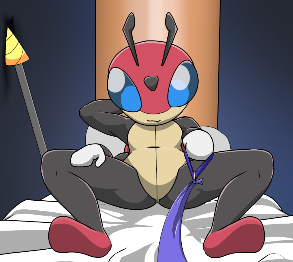 2022 4_arms 4_hands adeviantcritter ambiguous_gender antennae_(anatomy) anthro arthropod bed black_body black_skin blue_eyes butt_from_the_front featureless_crotch featureless_feet female_(lore) furniture future_being_ledian generation_2_pokemon hand_behind_head head_markings insect leash leash_pull ledian markings melee_weapon multi_arm multi_hand multi_limb nintendo nude on_bed pillow pokemon pokemon_(species) polearm reclining red_body red_skin smile solo spear spread_legs spreading weapon white_body white_skin yellow_body yellow_skin