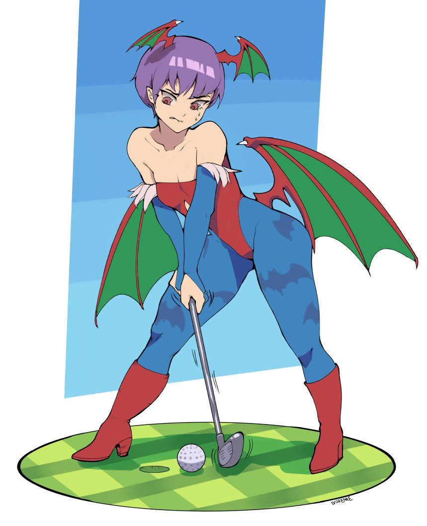 1girl animal_print ball bare_shoulders bat_print bat_wings biting blue_pantyhose boots breasts bridal_gauntlets capcom cleavage dairenke_art demon_girl diamond_cutout golf golf_ball golf_club gradient_sky head_wings high_heel_boots high_heels highleg highleg_leotard holding holding_golf_club hole leotard lilith_aensland lip_biting low_wings motion_lines nervous pantyhose print_legwear print_pantyhose purple_hair red_footwear red_leotard red_wings short_hair simple_background sky small_breasts solo spikes strapless strapless_leotard sweat thighs vampire_(game) wings