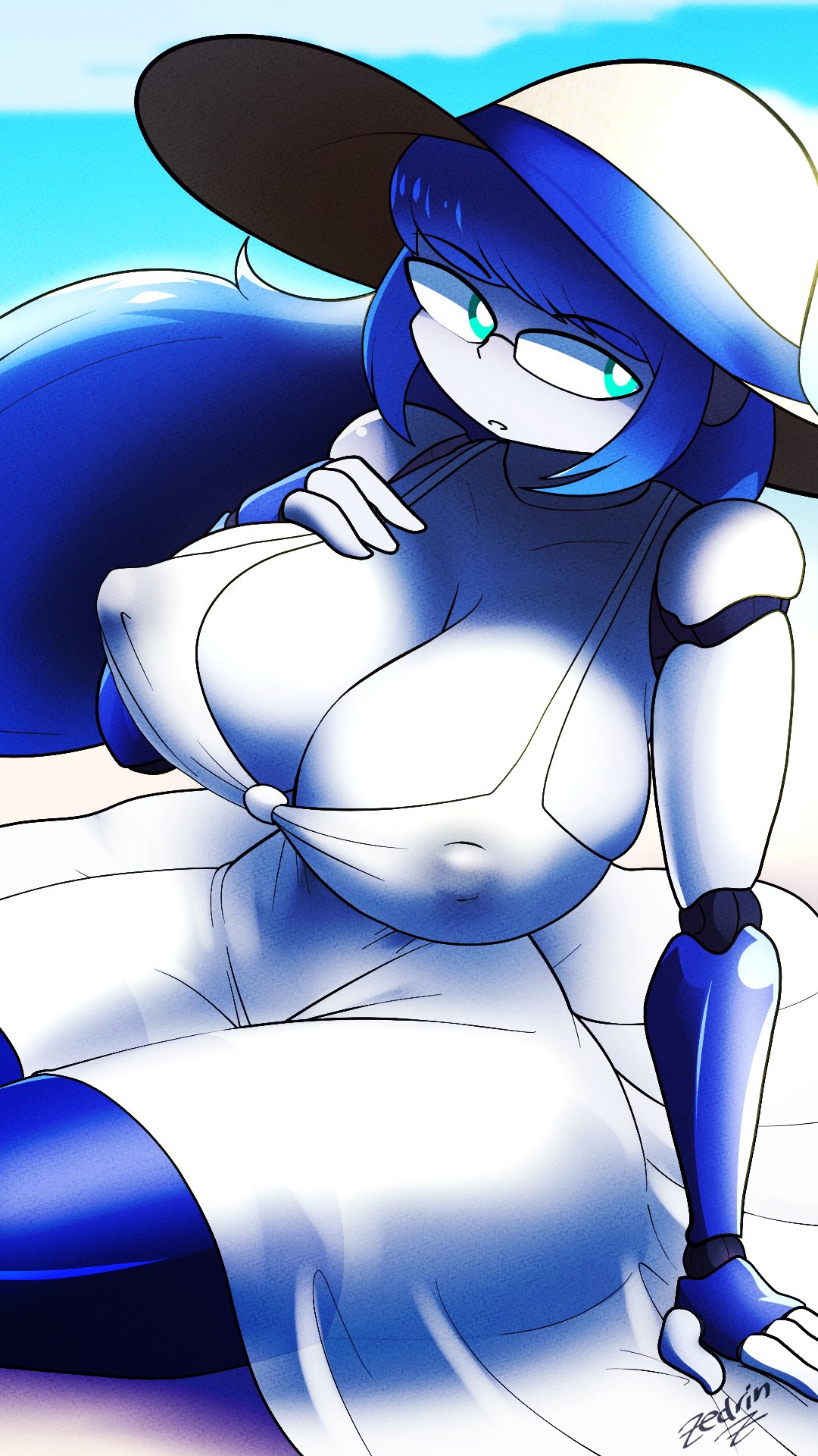 beach big_breasts blue_body blue_eyes blue_hair breasts cleavage clothed clothing dress eyewear female glasses hair hand_on_breast hat headgear headwear hi_res huge_breasts humanoid long_hair looking_aside machine multicolored_body nipple_outline not_furry robot robot_humanoid sand seaside signature sitting solo sun_hat text thick_thighs unknown_character white_body zedrin