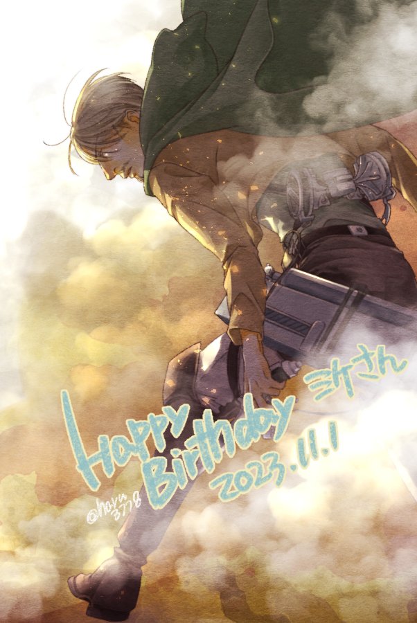 1boy birthday blonde_hair dated embers floating_hair from_behind happy_birthday haru_(mu-mu-2014) jacket leaning_forward male_focus mature_male mike_zakarius mustache_stubble paradis_military_uniform shingeki_no_kyojin short_hair sideburns_stubble smoke solo three-dimensional_maneuver_gear