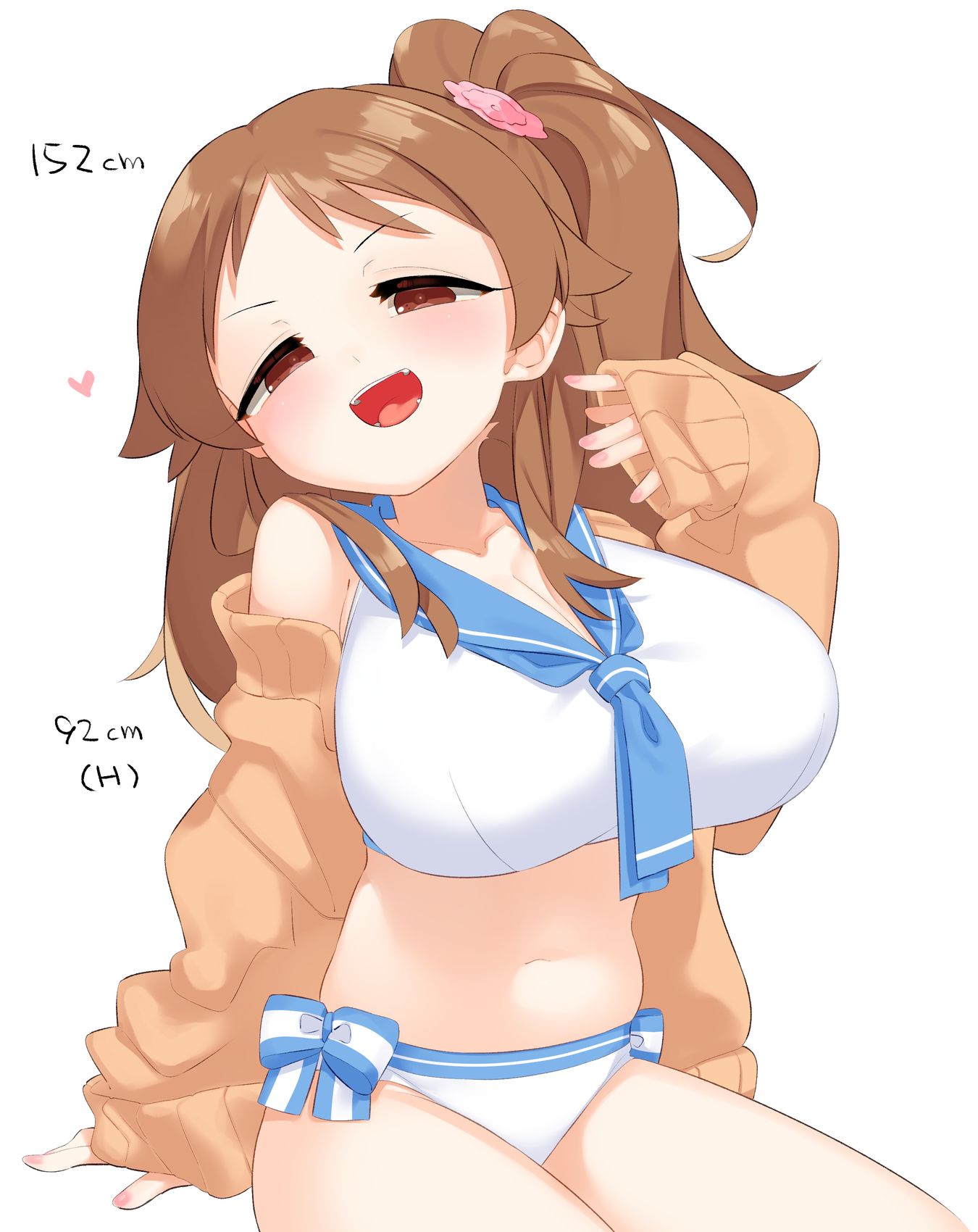 1girl alternate_costume arm_support blush breasts brown_cardigan brown_hair cardigan cleavage collarbone fingernails heart height highres huge_breasts idolmaster idolmaster_cinderella_girls katagiri_sanae looking_at_viewer measurements nail_polish navel one_side_up open_cardigan open_clothes pedocchi sailor_bikini sailor_collar sailor_swimsuit_(idolmaster) sitting smile solo stomach