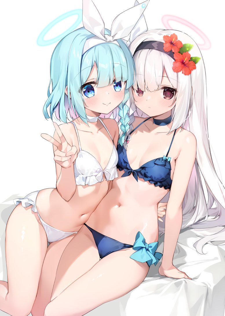 2girls arona_(blue_archive) bikini blue_archive blue_bikini blue_eyes blue_hair blue_halo braid flower hair_ribbon halo headband long_hair looking_at_viewer multiple_girls nanamomo_rio plana_(blue_archive) red_flower red_halo ribbon sitting smile swimsuit v white_bikini white_hair