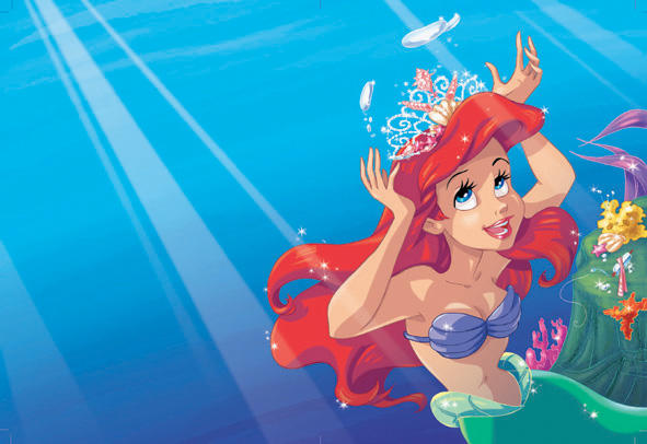 1girl ariel_(disney) blue_eyes crown fish jpeg_artifacts long_hair mermaid monster_girl open_mouth red_hair shell shell_bikini skudo the_little_mermaid underwater