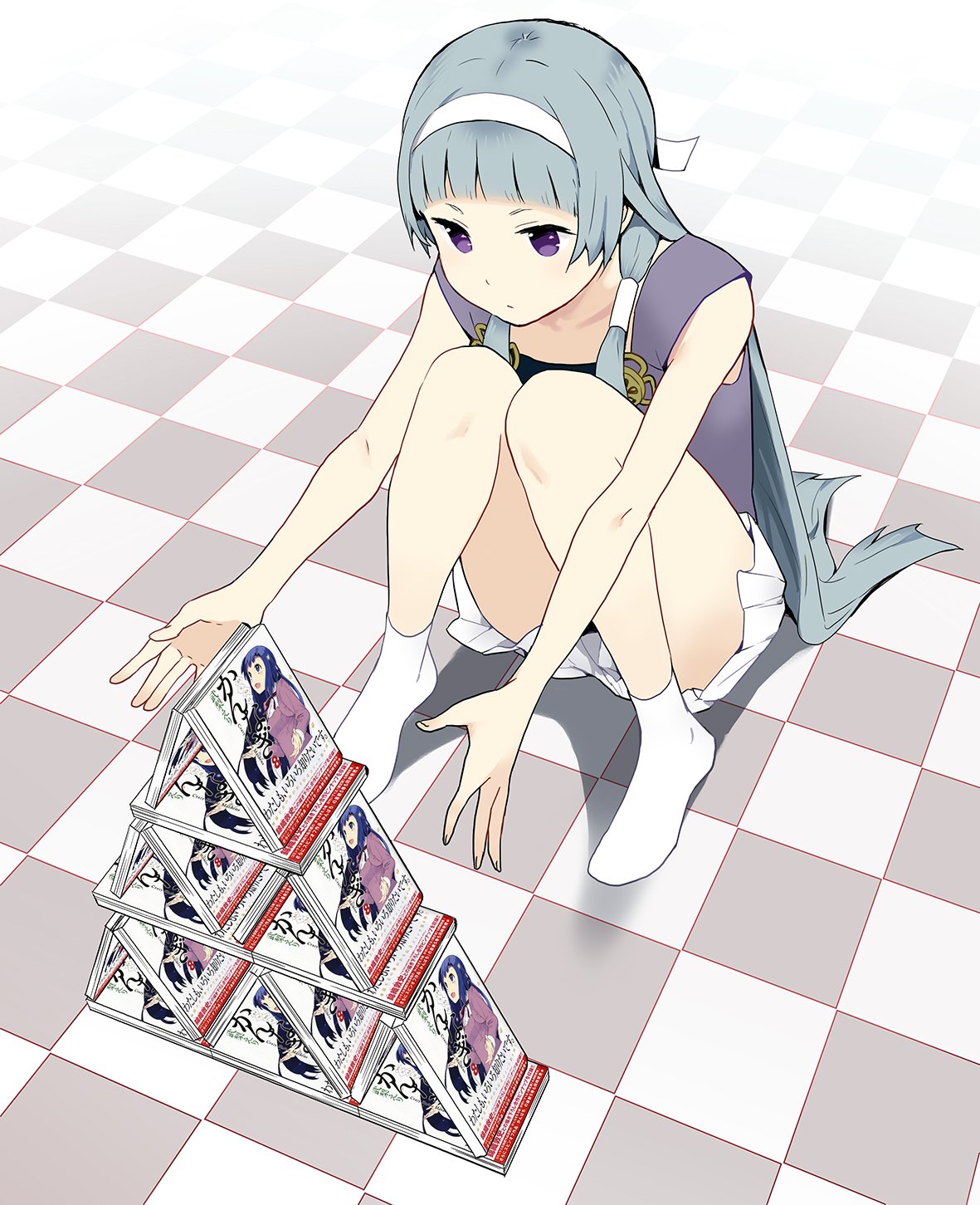 1girl book full_body grey_hair headband highres kannagi knees_together_feet_apart knees_up long_hair nagi_(kannagi) pleated_skirt purple_eyes purple_shirt shirt simple_background sitting skirt socks takenashi_eri tiles twintails white_headband white_skirt white_socks zange