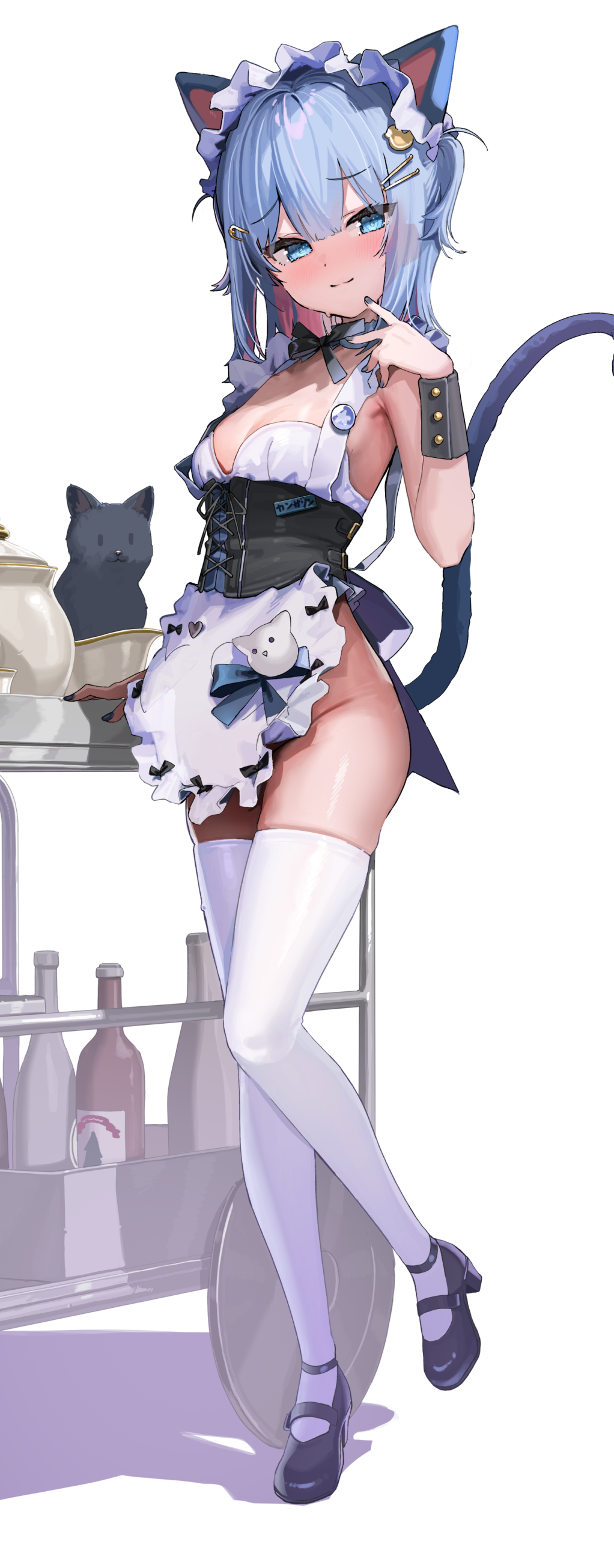 1girl absurdres animal_ears apron black_cat black_corset black_footwear black_ribbon blue_eyes blue_hair blue_nails blush bottle breasts cat cat_ears cat_tail closed_mouth colored_inner_hair commentary corset fingernails furrowed_brow hair_ornament hairclip hand_up highres indie_virtual_youtuber kanzarin kanzarin_(vtuber) looking_at_viewer maid_headdress mary_janes medium_hair multicolored_hair nail_polish neck_ribbon pink_hair ribbon serving_cart shadow shoes simple_background small_breasts smile solo standing standing_on_one_leg tail tail_raised thighhighs two-tone_hair virtual_youtuber waist_apron white_apron white_background white_thighhighs wrist_cuffs