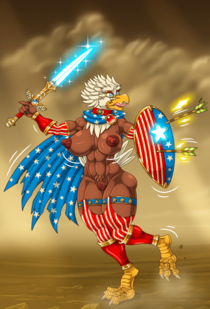 accipitrid accipitriform anthro areola armwear arrow_(weapon) avian bald_eagle beak big_breasts bird blue_cape blue_eyes breasts brown_areola brown_body brown_feathers brown_nipples brown_pussy bythebook clothing eagle eyelashes feathers female genitals hi_res holding_object holding_shield holding_sword holding_weapon legwear melee_weapon navel nipples nude open_mouth pattern_armwear pattern_clothing pattern_legwear pussy ranged_weapon red_armwear red_clothing red_legwear sea_eagle shield solo sparkles stars_and_stripes striped_armwear striped_clothing striped_legwear stripes sword thick_thighs united_states_of_america weapon white_body white_feathers wide_hips