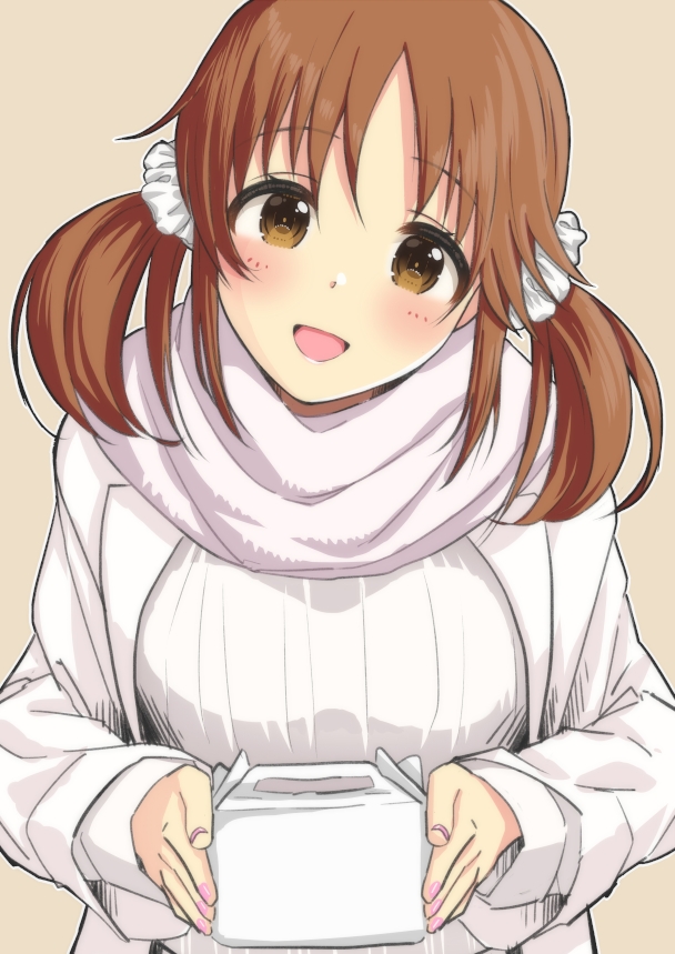 1girl blush box brown_hair coat fingernails ginnote hair_ornament hair_scrunchie head_tilt holding holding_box idolmaster idolmaster_cinderella_girls looking_at_viewer nail_polish scarf scrunchie simple_background smile solo sweater totoki_airi twintails upper_body white_coat white_scarf white_sweater