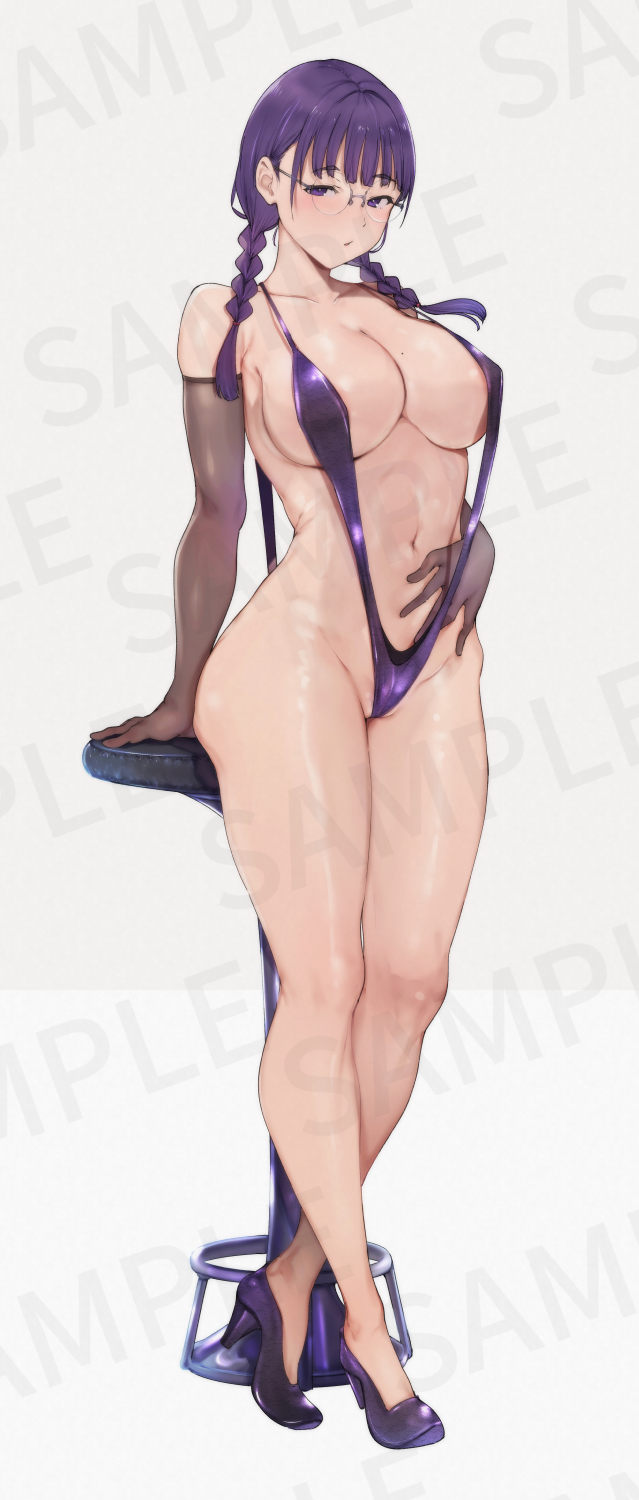 1girl alp breasts elbow_gloves glasses gloves hand_on_own_stomach high_heels highres large_breasts legs looking_at_viewer mole mole_on_breast navel original purple_eyes purple_hair sample_watermark slingshot_swimsuit standing stool swimsuit thighs watermark white_background