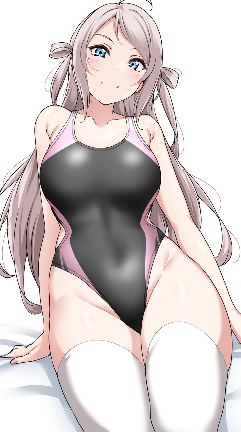 1girl bare_shoulders black_one-piece_swimsuit blue_eyes blush breasts character_request closed_mouth collarbone copyright_request grey_hair highres large_breasts long_hair mole mole_under_eye one-piece_swimsuit simple_background smile solo swimsuit thighhighs white_background white_thighhighs yopparai_oni