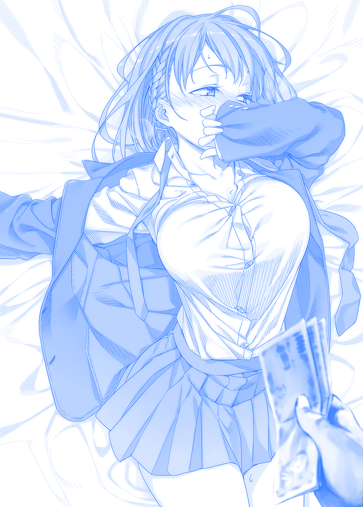 1boy 1girl ai-chan_(tawawa) banknote blazer blue_theme blush braid breasts commentary_request dress_shirt getsuyoubi_no_tawawa himura_kiseki holding holding_money jacket large_breasts lying money monochrome necktie on_back open_clothes open_jacket out_of_frame pov pov_hands school_uniform shirt single_hand skirt solo_focus tearing_up