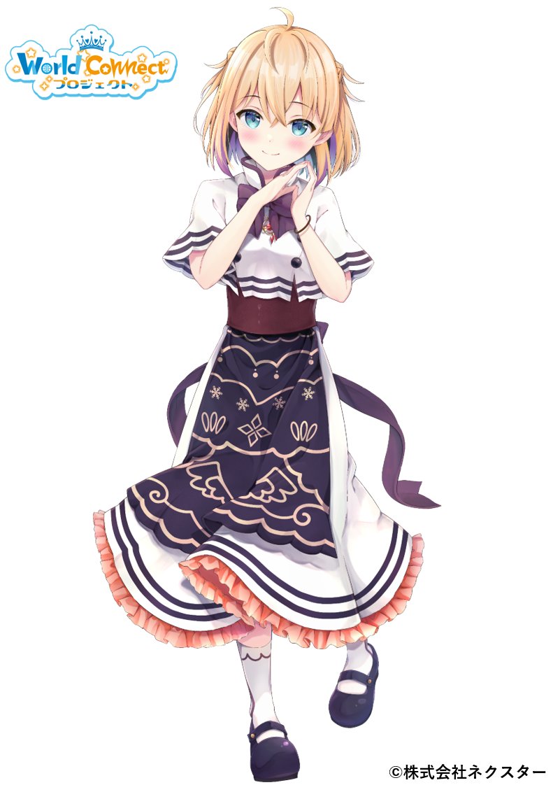 1girl ahoge apron black_apron black_bow black_footwear blonde_hair blue_eyes blush bow braid closed_mouth commentary_request copyright_name frilled_skirt frills full_body hair_between_eyes hands_up maruma_(maruma_gic) own_hands_together patty_flavie shirt shoes short_sleeves simple_background skirt smile socks solo standing standing_on_one_leg virtual_youtuber white_background white_shirt white_skirt white_socks world_connect