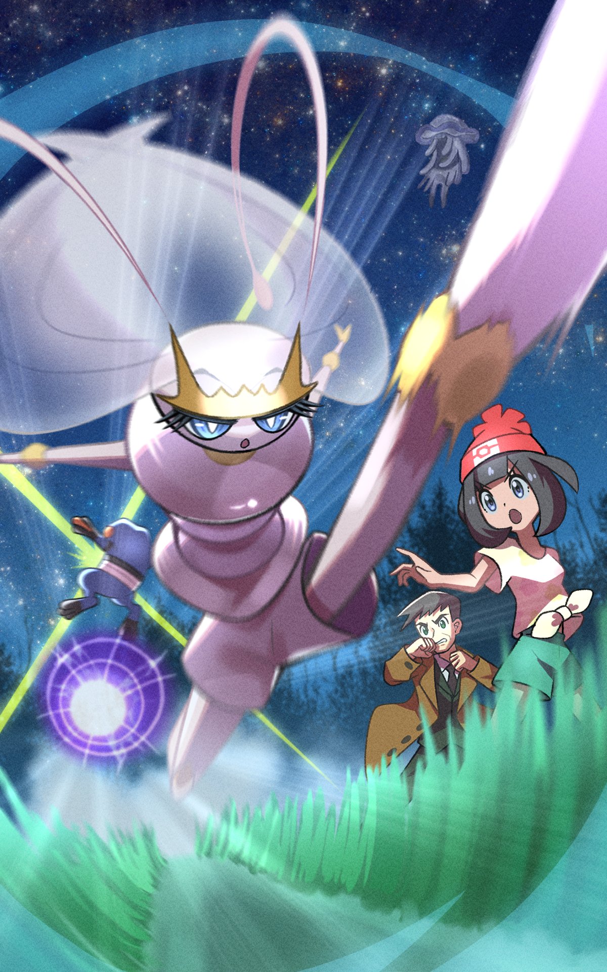 1boy 1girl beanie blue_eyes bright_pupils colored_skin croagunk emphasis_lines eyelashes grass hat highres inana_umi joints kicking long_hair looker_(pokemon) night night_sky nihilego open_mouth pheromosa pokemon pokemon_(creature) pokemon_sm red_headwear selene_(pokemon) sky star_(sky) v-shaped_eyebrows very_long_hair white_hair white_skin