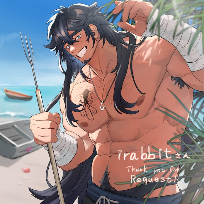 1boy abs armpit_hair bandaged_arm bandages bara beach blue_hair blue_pants blue_sky boat bulge chest_hair chest_tattoo commission dark_blue_hair facial_hair fisherman freckles goatee gradient_hair grin harpoon head_tilt holding jewelry large_pectorals long_hair looking_at_viewer male_focus male_swimwear mature_male multicolored_hair muscular muscular_male navel navel_hair necklace nipples octopus_tattoo original pants pectorals plant shell shore skeb_commission sky smile solo stomach sunlight swim_briefs swimsuit swimsuit_under_clothes takayakaiti_(tk049ccn) tattoo thick_eyebrows topless_male watercraft waving white_background