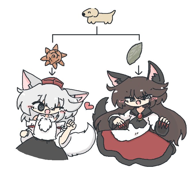 2girls animal_ears blush brown_hair chibi dog evolutionary_stone fluffy hat heart imaizumi_kagerou inubashiri_momiji kuuinusuki leaf_stone long_hair long_sleeves looking_at_viewer multiple_girls pom_pom_(clothes) sun_stone tail touhou white_hair wolf_ears wolf_tail