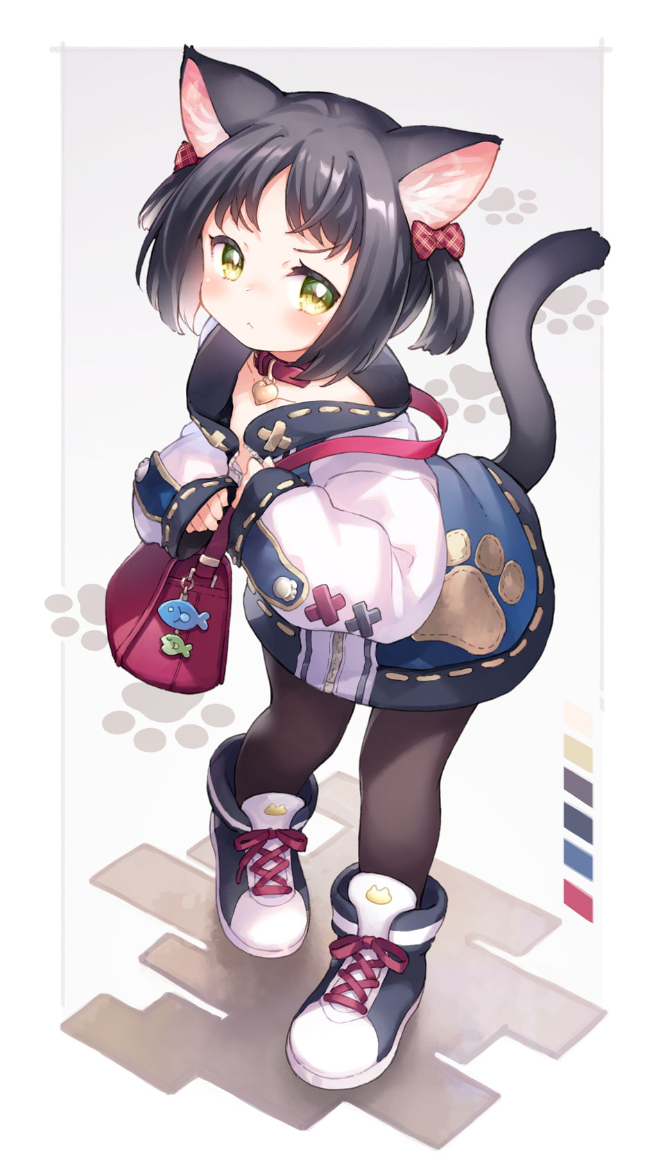 1girl animal_collar animal_ear_fluff animal_ears bag black_hair black_pantyhose blush bow cat_ears cat_girl cat_tail closed_mouth collar collarbone full_body green_eyes hair_bow handbag heart_collar highres jacket kito_(sorahate) long_sleeves looking_at_viewer original pantyhose paw_print plaid plaid_bow red_bow red_collar short_hair short_twintails solo standing tail twintails zipper