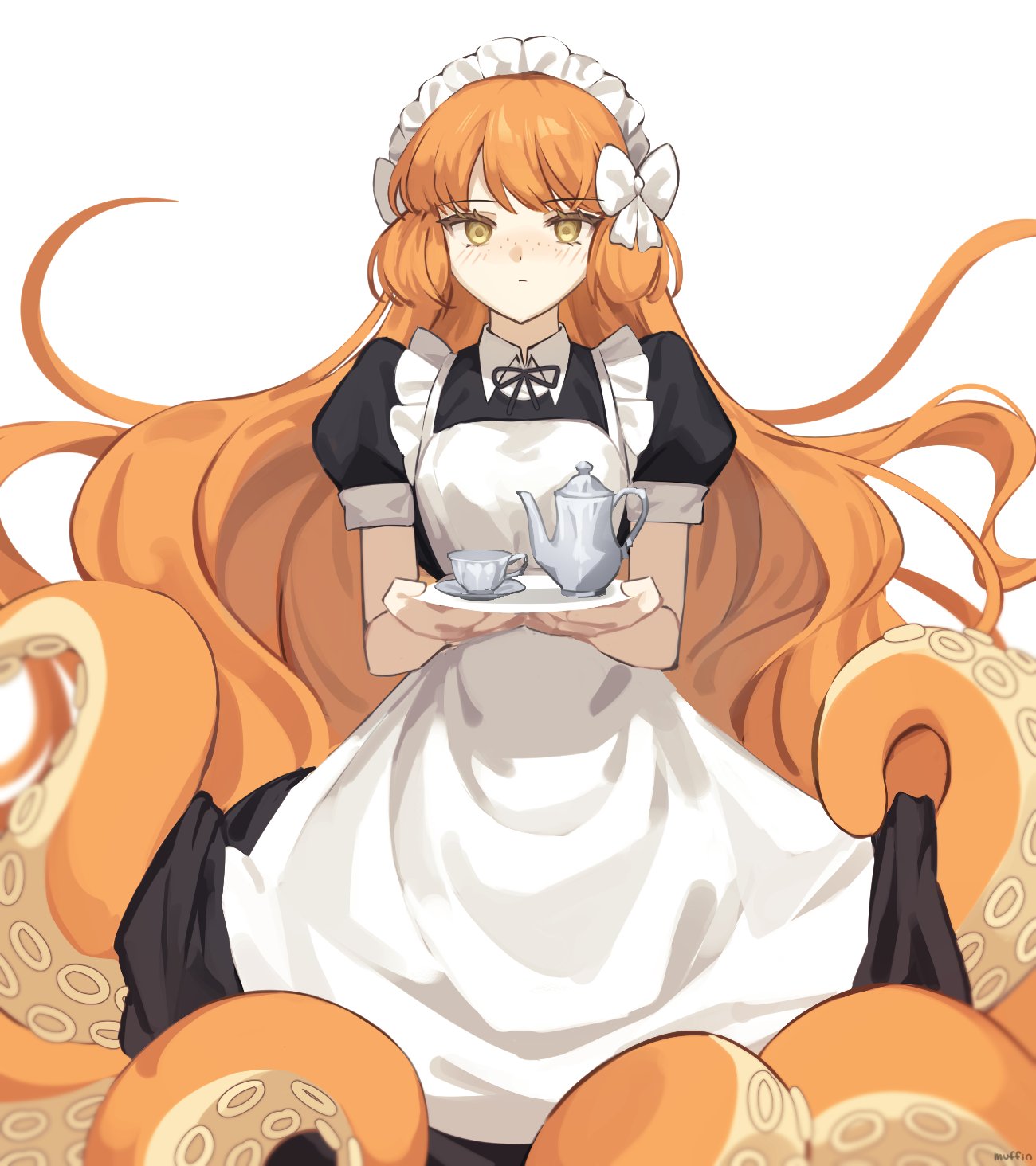 1girl apron black_dress black_ribbon blush bow closed_mouth cup dress freckles green_eyes hair_bow highres holding holding_tray ishmael_(limbus_company) kettle limbus_company long_hair looking_at_viewer love_mintchoco maid_headdress orange_hair project_moon puffy_short_sleeves puffy_sleeves ribbon short_sleeves simple_background solo teacup tentacles tentacles_under_clothes tray very_long_hair white_apron white_background white_bow