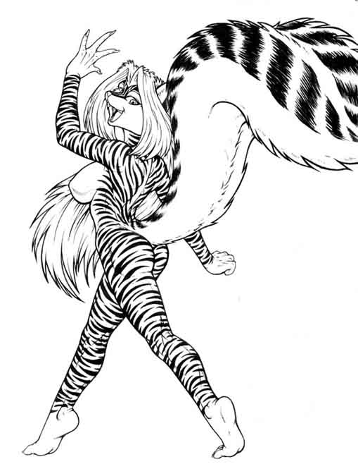 anthro breasts butt exhibitionism felid female gesture happy hybrid looking_at_viewer looking_back mammal max_blackrabbit mephitid nude pantherine side_boob skunk smile solo striped_body stripes strutting tail tiger waving waving_at_viewer zig_zag