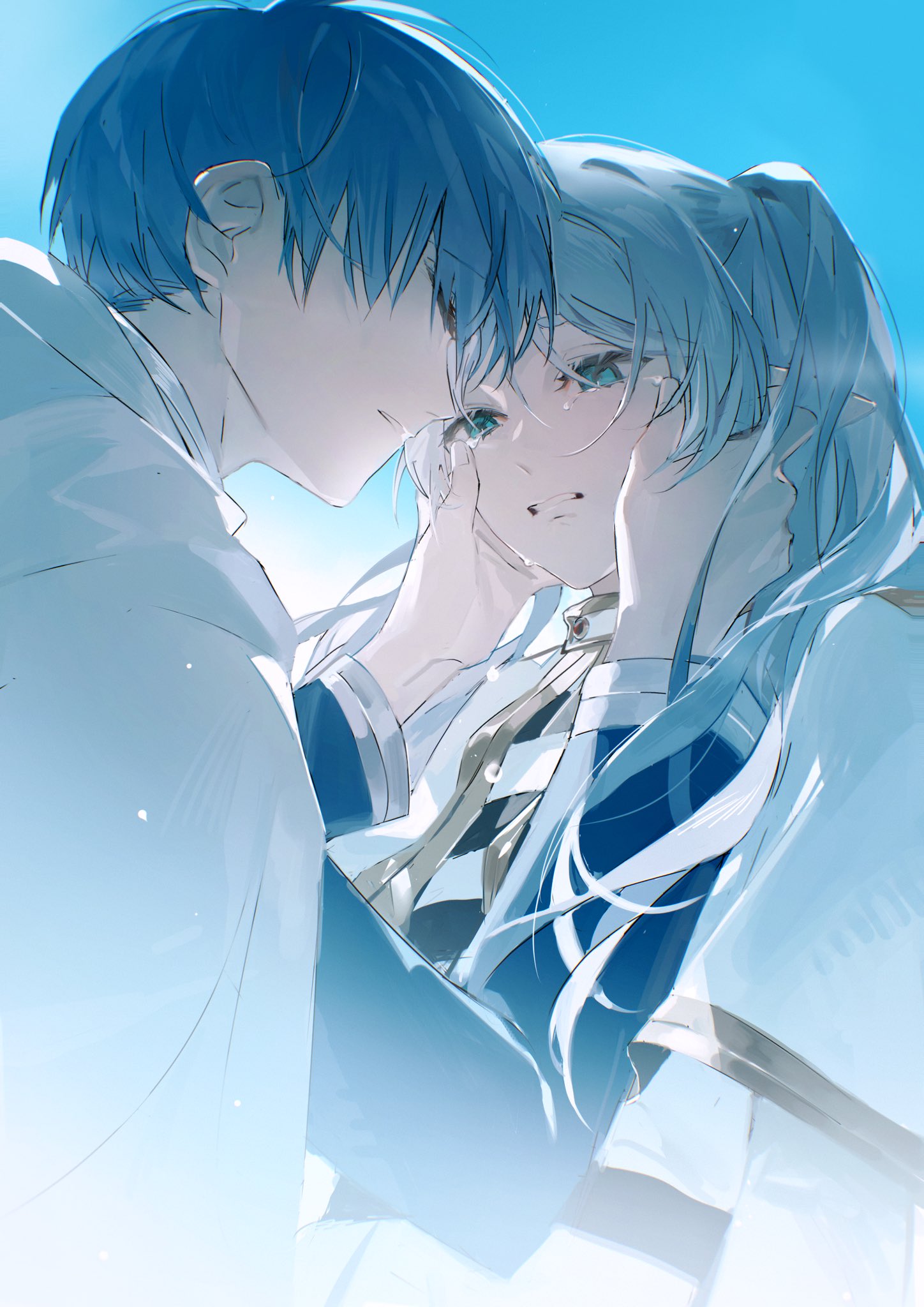 1boy 1girl blue_background blue_eyes blue_hair blue_tunic capelet clenched_teeth cloak crying crying_with_eyes_open elf frieren green_eyes hands_on_another's_face highres himmel_(sousou_no_frieren) long_hair looking_at_another pointy_ears qing_yan_xia short_hair sousou_no_frieren tears teeth twintails white_capelet white_cloak white_hair