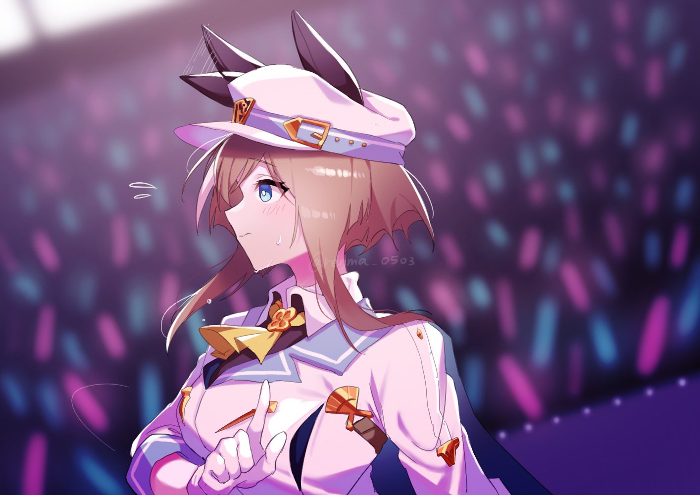 1girl afterimage animal_ears ascot blurry blurry_background blush breasts brown_hair cape cheval_grand_(umamusume) closed_mouth collared_shirt concert ear_wiggle flying_sweatdrops gloves hand_up hat hat_belt horse_ears index_finger_raised jacket long_hair long_sleeves medium_breasts multicolored_hair renma_(renma_0503) shirt sideways_mouth solo speed_lines streaked_hair sweat twitter_username umamusume upper_body watermark white_gloves white_headwear white_jacket yellow_ascot