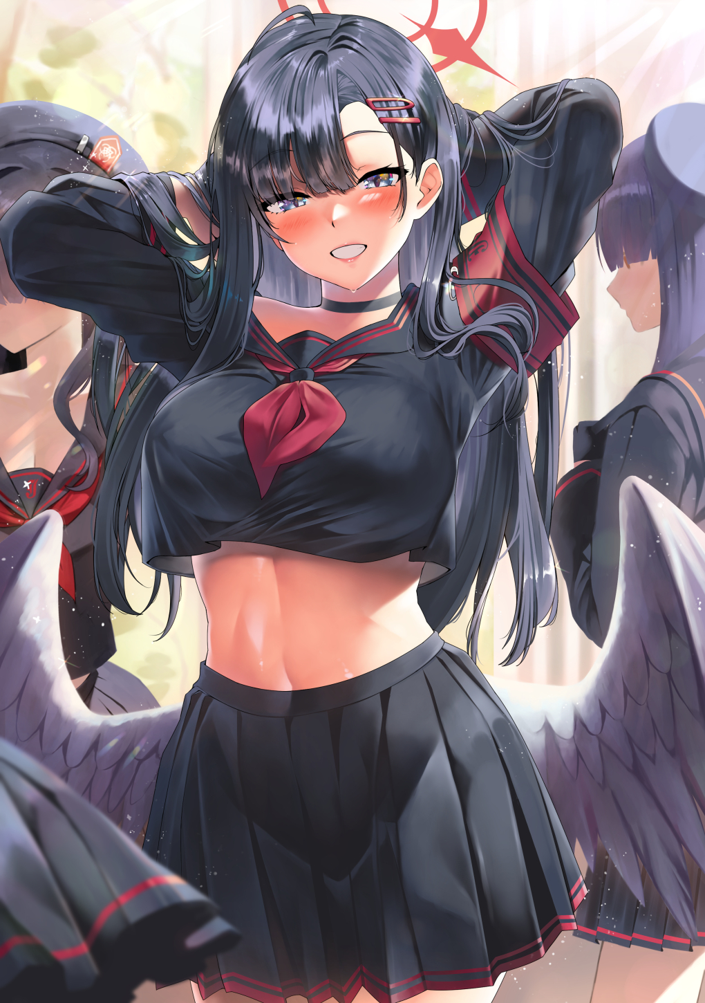 3girls armband arms_behind_head arms_up beret black_gloves black_hair black_headwear black_sailor_collar black_serafuku black_shirt black_skirt black_wings blue_archive blue_eyes blunt_bangs blush breasts choker commentary_request crop_top crop_top_overhang feathered_wings gloves grin hair_flowing_over hair_ornament hair_over_eyes hairclip halo hand_in_own_hair hat highres ichika_(blue_archive) justice_task_force_member_(blue_archive) kawai_(purplrpouni) large_breasts long_hair long_sleeves looking_at_viewer midriff multiple_girls navel neckerchief pleated_skirt red_neckerchief sailor_collar school_uniform serafuku shirt skirt smile solo_focus thighs wings