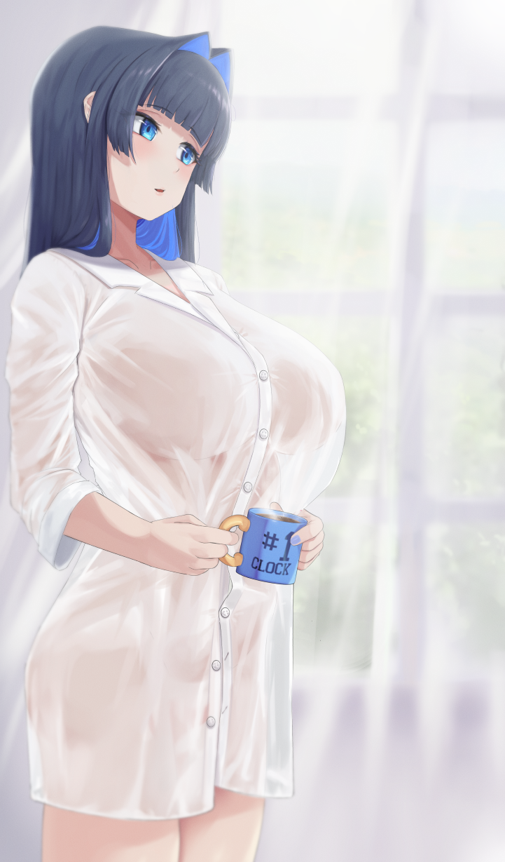 1girl black_hair blue_eyes blunt_bangs breasts coffee coffee_mug collared_shirt cup english_commentary hair_intakes highres holding holding_cup hololive hololive_english huge_breasts long_hair mug ouro_kronii reilong see-through see-through_shirt shirt solo standing steam virtual_youtuber