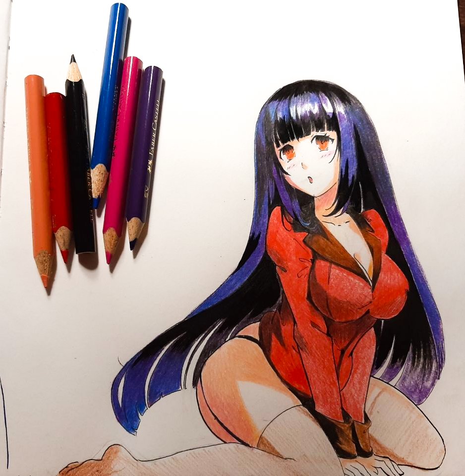 1girl :o arms_between_legs art_tools_in_frame black_hair blunt_bangs blunt_ends breasts brown_thighhighs cleavage collarbone colored_pencil colored_pencil_(medium) garter_straps hyakkaou_academy_school_uniform jabami_yumeko jacket kakegurui kneeling long_hair medium_breasts open_mouth orange_eyes pencil philiera photo_(medium) red_jacket russian_commentary school_uniform sidelocks soles solo thighhighs traditional_media very_long_hair