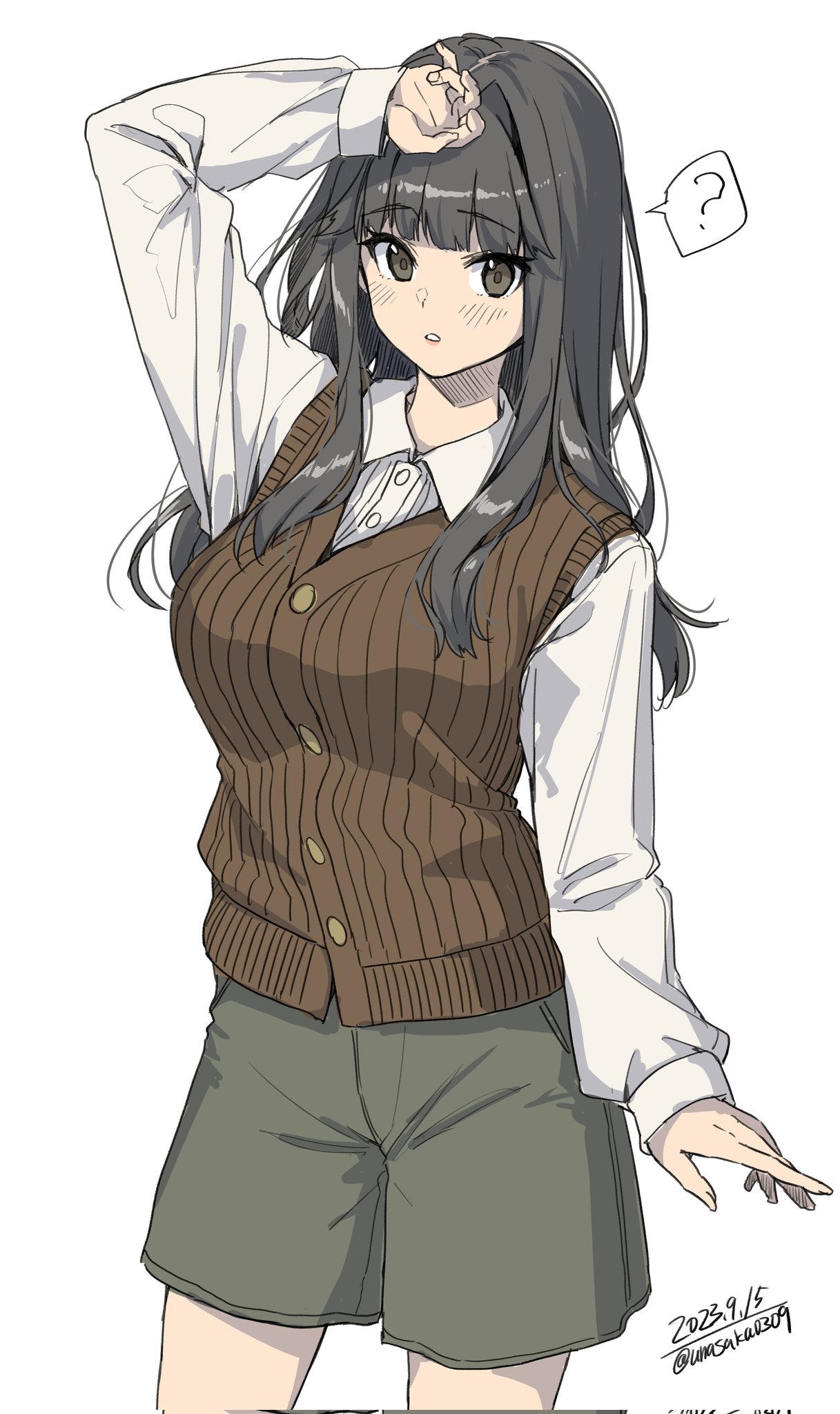 1girl ? arm_up black_hair blunt_bangs blush breasts brown_eyes brown_sweater_vest brown_vest chestnut_mouth collared_shirt cowboy_shot dated green_pants highres large_breasts long_hair long_sleeves looking_at_viewer original pants shirt simple_background single_hair_intake solo spoken_question_mark striped striped_vest sweater_vest twitter_username unasaka_ryou vertical-striped_vest vertical_stripes vest white_background white_shirt
