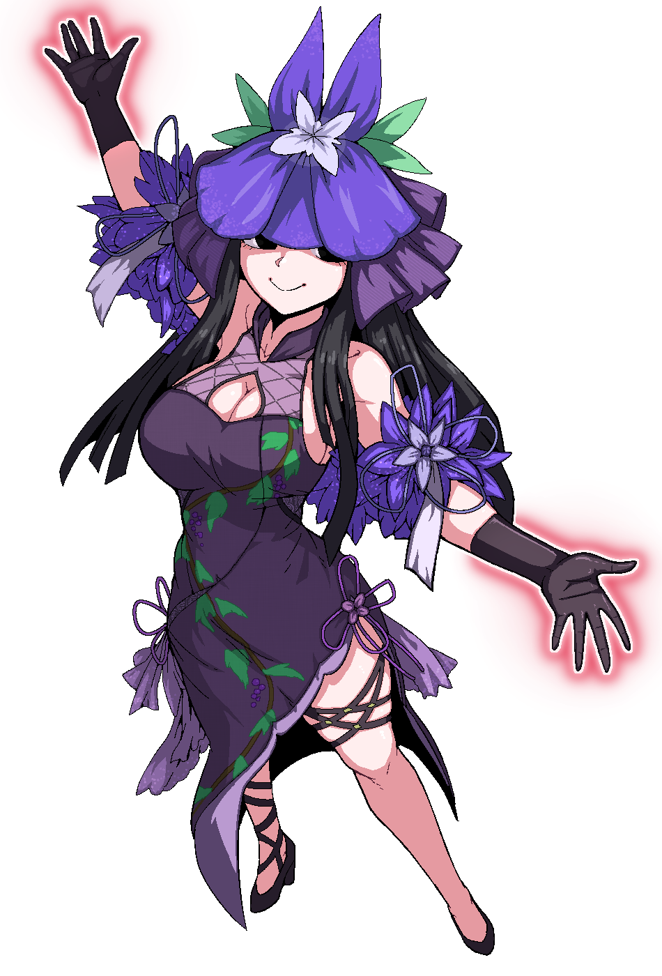 1girl black_footwear black_gloves black_hair breasts china_dress chinese_clothes cleavage cleavage_cutout closed_mouth clothing_cutout dress flower flower_on_head formicid full_body gloves grape_print highres long_hair medium_breasts purple_dress purple_flower sidelocks simple_background sleeveless sleeveless_dress smile solo touhou vine_print white_background yomotsu_hisami