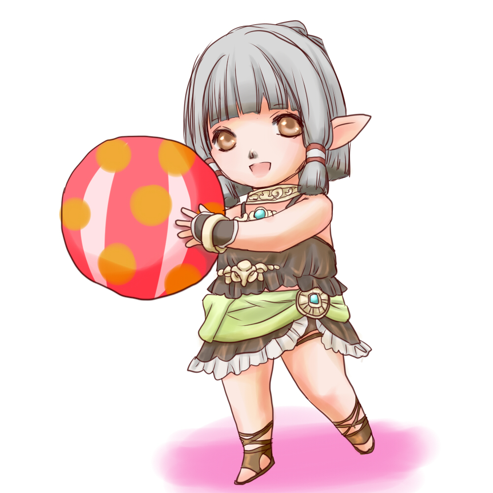 1girl :d avatar_(ff11) ball bangs bare_shoulders beachball bikini black_bikini blue_gemstone blunt_bangs bracelet brown_bikini brown_eyes brown_footwear brown_sarong final_fantasy final_fantasy_xi flat_chest full_body gem grey_hair hair_intakes holding holding_ball holding_beachball jewelry looking_at_viewer open_mouth pointy_ears sakutsuki sandals sarong short_hair simple_background smile solo swimsuit tarutaru two-tone_bikini white_background