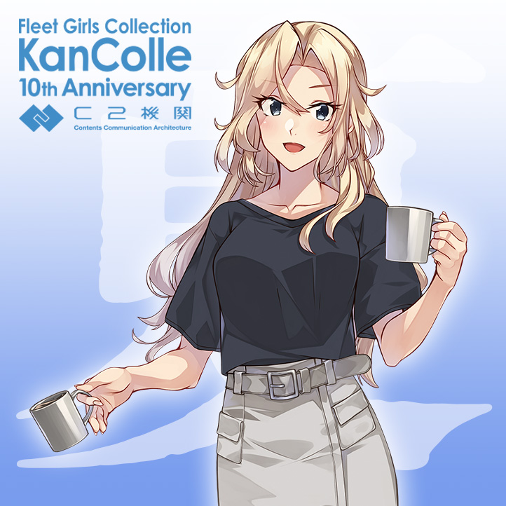 1girl belt black_shirt blonde_hair blue_background breasts coffee_mug collarbone cropped_torso cup grey_eyes holding holding_cup hornet_(kancolle) kantai_collection konishi_(koconatu) large_breasts long_hair mug official_art open_mouth shirt smile solo t-shirt