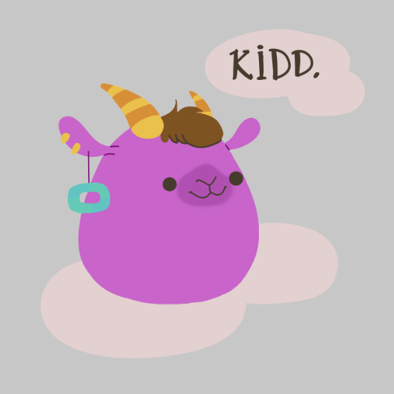 2022 2_horns anthro bovid brown_hair brunkdutt caprine colored dialogue dialogue_box digital_drawing_(artwork) digital_media_(artwork) ear_piercing ear_ring egg flat_colors goat hair horn kidden_eksis lineless male mammal olimacdoodles pendulum piercing plushie purple_body purple_skin ring_piercing simple_background sitting smile solo squishmallows text toony