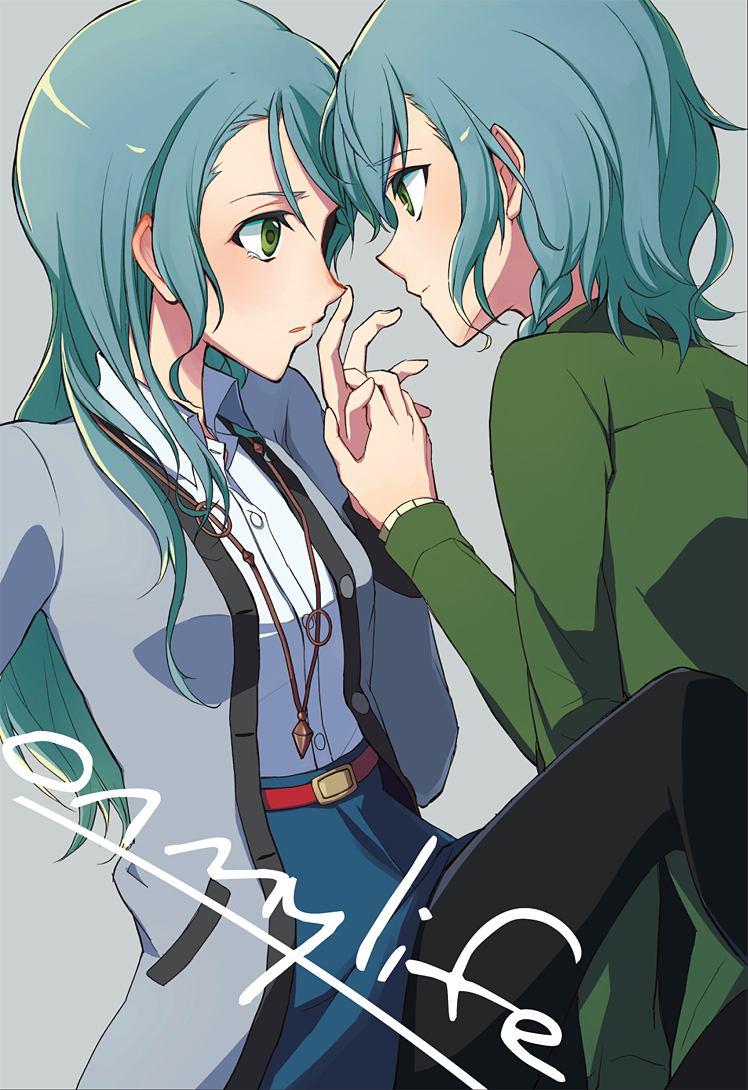 2girls aqua_hair bang_dream! black_pantyhose blue_skirt braid coat english_text green_jacket grey_coat hikawa_hina hikawa_sayo imminent_kiss incest jacket jewelry long_hair looking_at_another medium_hair multiple_girls necklace pantyhose shirt siblings sisters skirt tozaki_(r_sailing) twincest twins white_shirt yuri