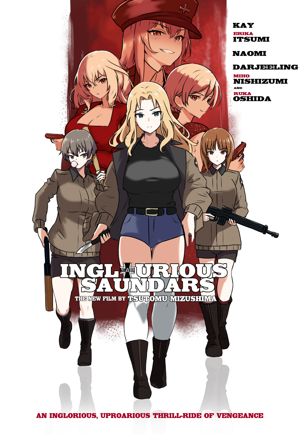 6+girls armorganger baseball_bat belt black_belt black_shirt blonde_hair blue_eyes blue_shorts braid brown_eyes brown_hair brown_jacket character_name chewing_gum closed_mouth commentary darjeeling_(girls_und_panzer) denim denim_shorts dress emblem english_text frown girls_und_panzer grin gun hair_intakes hat highres holding holding_baseball_bat holding_gun holding_knife holding_weapon inglourious_basterds itsumi_erika jacket kay_(girls_und_panzer) knife kuromorimine_(emblem) looking_at_viewer medium_hair messy_hair military_hat movie_poster multiple_girls naomi_(girls_und_panzer) nishizumi_miho open_clothes open_jacket oshida_(girls_und_panzer) parody peaked_cap piston reflection saunders_military_uniform shirt short_hair short_shorts shorts smile st._gloriana's_military_uniform standing star_(symbol) thighhighs very_short_hair walking weapon white_thighhighs